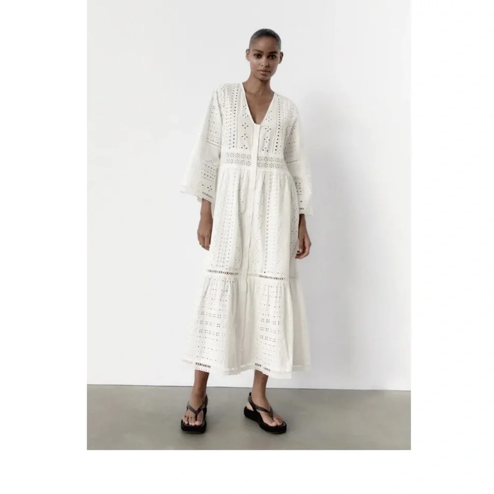 NWT$119 Zara The Madison Dress embroidery white cotton maxi dress XS R: 7521/042 - Picture 4 of 13